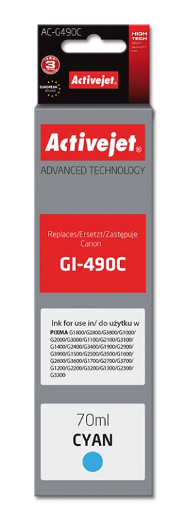 Activejet AC-G490C Ink cartridge (replacement for Canon GI-490C; Supreme; 70 ml; 7000 pages, cyan)