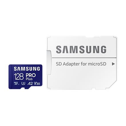 Samsung MicroSD PRO Plus 128 GB, microSDXC U3, V30, A2, SD adapter, Read : up to 180MB/s Write : up to 130MB/s