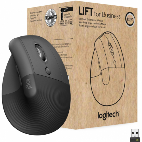 Logitech Lift for Business - Vertical mouse - ergonomic - 6 buttons - wireless - Bluetooth, 2.4 GHz - Logitech Logi Bolt USB receiver - graphite 
