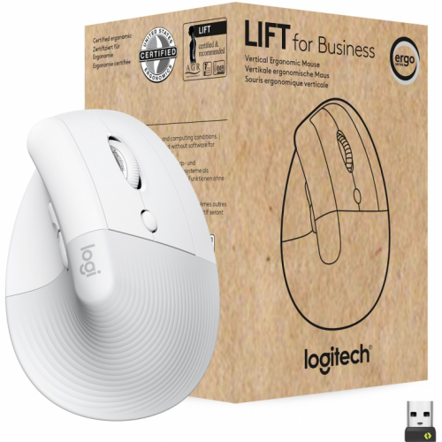 Logitech Lift for Business Vertical mouse ergonomic 6 buttons wireless Bluetooth 2.4 GHz Bolt USB receiver off-white 342850