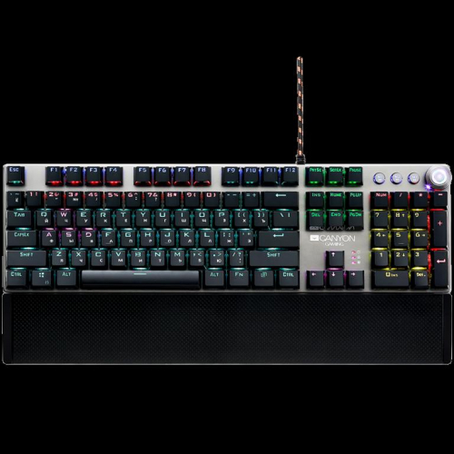 CANYON Nightfall GK-7, Wired Gaming Keyboard,Black 104 mechanical switches,60 million times key life, 22 types of lights,Removable magnetic wrist rest,4 Multifunctional control knobs,Trigger actuation 1.5mm,1.6m Braided cable,RU layout,dark grey,