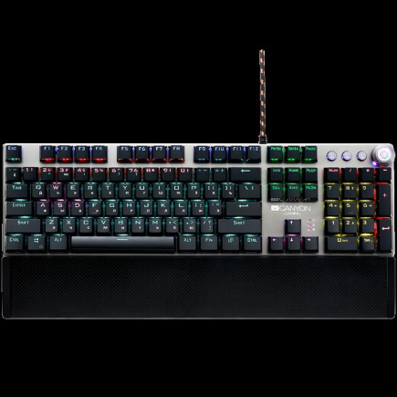 CANYON Nightfall GK-7, Wired Gaming Keyboard,Black 104 mechanical switches,60 million times key life, 22 types of lights,Removable magnetic wrist rest,4 Multifunctional control knobs,Trigger actuation 1.5mm,1.6m Braided cable,RU layout,dark grey,