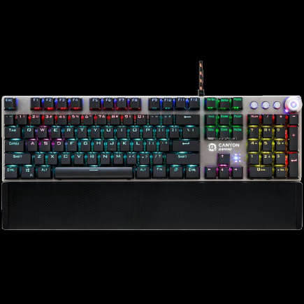 CANYON Nightfall GK-7, Wired Gaming Keyboard,Black 104 mechanical switches,60 million times key life, 22 types of lights,Removable magnetic wrist rest,4 Multifunctional control knob,Trigger actuation 1.5mm,1.6m Braided cable,US layout,dark grey,