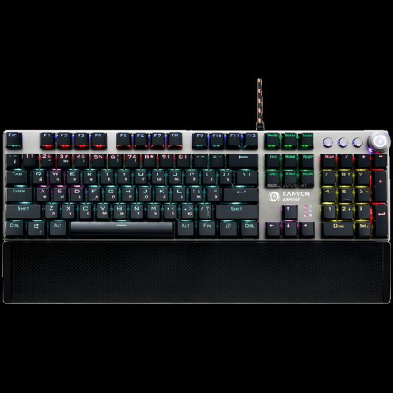 CANYON Nightfall GK-7, Wired Gaming Keyboard,Черный 104 mechanical switches,60 million times key life, 22 types of lights,Removable magnetic wrist rest,4 Multifunctional control knobs,Trigger actuation 1.5mm,1.6m Braided cable,RU layout,dark grey,