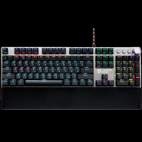CANYON Nightfall GK-7, Wired Gaming Keyboard,Must 104 mechanical switches,60 million times key life, 22 types of lights,Removable magnetic wrist rest,4 Multifunctional control knobs,Trigger actuation 1.5mm,1.6m Braided cable,RU layout,dark grey,