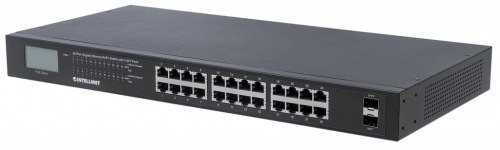 Intellinet 24-Port Gigabit Ethernet PoE+ Switch with 2 SFP Ports, LCD Display, IEEE 802.3at/af Power over Ethernet (PoE+/PoE) Compliant, 370 W, Endspan, 19