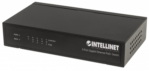 Intellinet 5-Port Gigabit Ethernet PoE+ Switch, 4 x PSE Ports, IEEE 802.3at/af Power over Ethernet (PoE+/PoE) Compliant, 60 W, Desktop (Euro 2-pin plug)