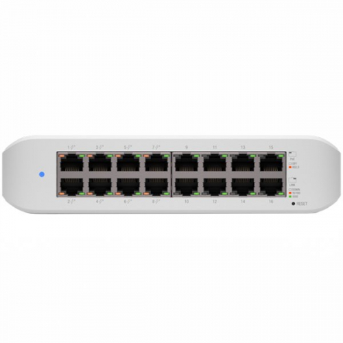 UBIQUITI Lite 16 PoE; (8) GbE PoE+, (8) GbE ports; 45W total PoE availability; Wall mountable.