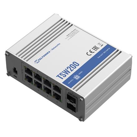 Teltonika Ethernet Switch TSW200 Unmanaged, Desktop, 1 Gbps (RJ-45) ports quantity 8, SFP ports quantity 2, PoE ports quantity 8, Total PoE Power Budget (at PSE): 240 W, PoE Max Power per Port (at PSE): 30W, IP30, Full aluminum housing, ADAPTER NOT