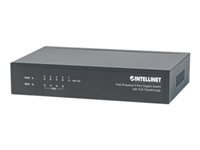 INTELLINET 5-Port PoE+ Gigabit Switch Desktop PoE Passthrough 4 x PSE PoE ports 1 x PD PoE port IEEE 802.3at/af Power-over-Ethernet