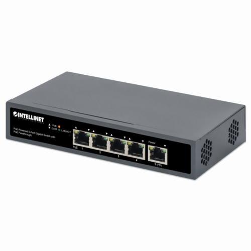 Intellinet 5-Port Gigabit Switch with PoE Passthrough, One IEEE 802.3bt (PoE++ / 4PPoE) PD PoE Port with 95 W Power Input, Four PSE PoE ports, PoE Power Budget up to 65 W, IEEE 802.3at/af Compliant Output, Desktop, Wall-mount Option