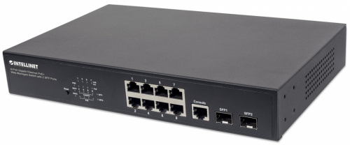 Intellinet 8-Port Gigabit Ethernet PoE+ Web-Managed Switch with 2 SFP Ports, IEEE 802.3at/af Power over Ethernet (PoE+/PoE) Compliant, 140 W, Endspan, Desktop, 19