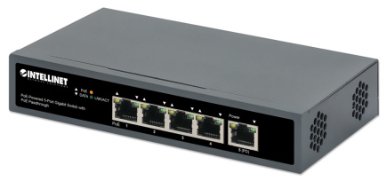 Intellinet 5-Port Gigabit Switch with PoE Passthrough, One IEEE 802.3bt (PoE++ / 4PPoE) PD PoE Port with 95 W Power Input, Four PSE PoE ports, PoE Power Budget up to 65 W, IEEE 802.3at/af Compliant Output, Desktop, Wall-mount Option KILITLSWI0030
