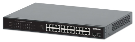 Intellinet 24-Port Gigabit Ethernet PoE+ Switch with 2 SFP Ports IEEE 802.3at/af (PoE+/PoE) Compliant, PoE Power Budget of 370 W, Two 1G SFP Open Slots, 19