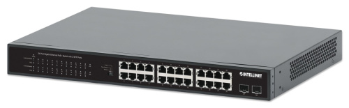 Intellinet 24-Port Gigabit Ethernet PoE+ Switch with 2 SFP Ports IEEE 802.3at/af (PoE+/PoE) Compliant, PoE Power Budget of 370 W, Two 1G SFP Open Slots, 19