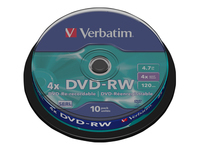 VERBATIM DVD-RW 120 min. / 4.7GB 4x 10-pack spindle DataLife Plus, scratch resistant surface