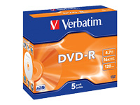 VERBATIM DVD-R 120 min. / 4.7GB 16x 5-pack jewelcase DataLife Plus, scratch resistant surface