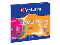 VERBATIM DVD-R 120 min. / 4.7GB 16x 5-pack slim jewelcase DataLife Plus, color surface