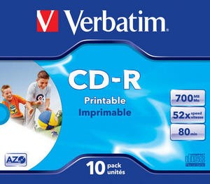 Verbatim CD-R 52x 700MB 10P JC Printable Azo 43325