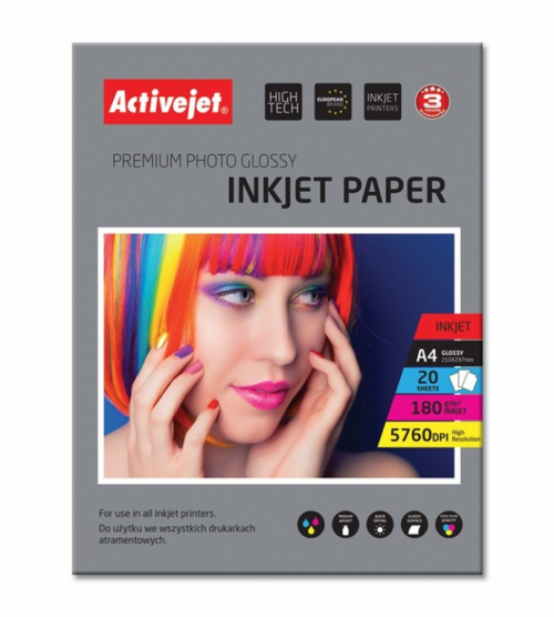 Activejet AP4-180G20 glossy photo paper; for ink printers; A4; 20 pcs