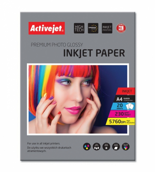 Activejet AP4-230G20 glossy photo paper for ink printers; A4; 20 pcs