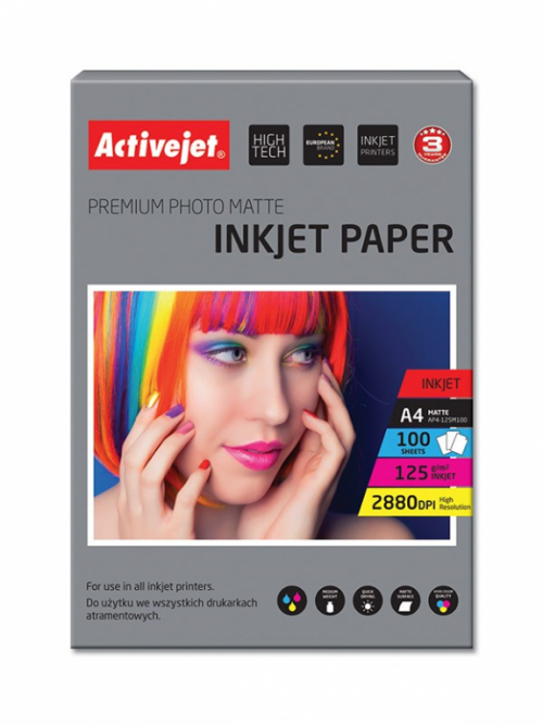 Activejet AP4-125M100 matte photo paper for ink printers; A4; 100 pcs