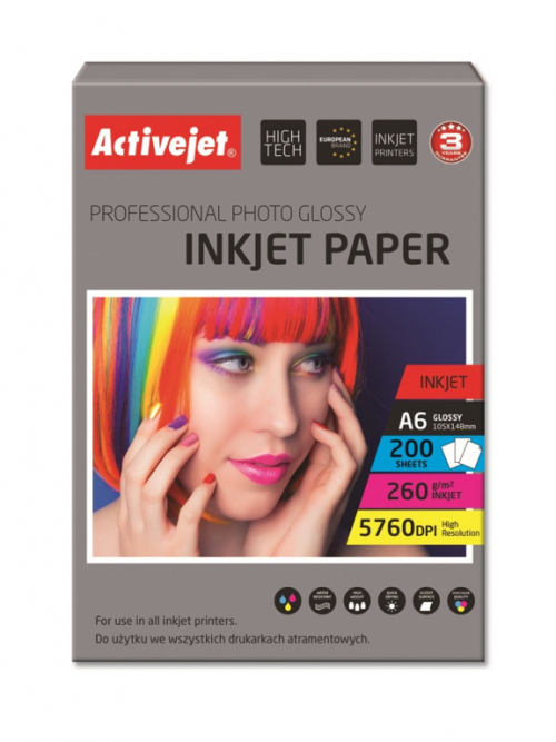 Activejet AP6-260GR200 photo paper for ink printers; A6; 200 pcs; 10x15, idealny do wydrukowania zdjęcia, kolorowego wspomnienia