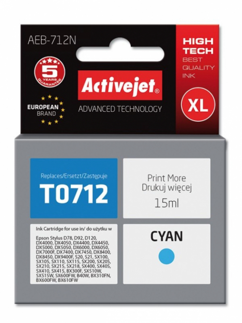 Activejet AEB-712N Ink cartridge (replacement for Epson T0712, T0892, T1002; Supreme; 15 ml; cyan)