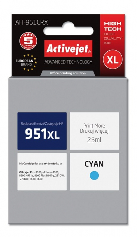 Activejet AH-951CRX Ink Cartridge (replacement for HP 951XL CN046AE; Premium; 25 ml; cyan)