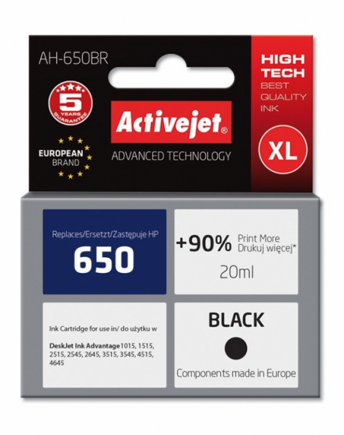 Activejet AH-650BR ink (replacement for HP 650 CZ101AE; Premium; 20 ml; black)