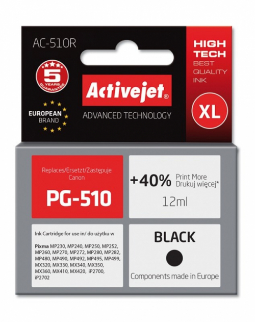 Activejet AC-510R Ink cartridge (replacement for Canon PG-510; Premium; 12 ml; black)