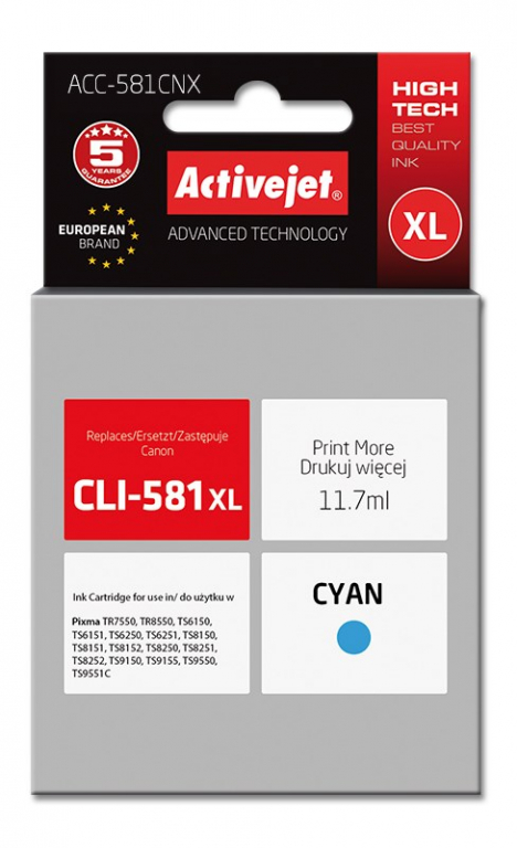 Activejet ACC-581CNX Ink cartridge (replacement for Canon CLI-581XLC; Supreme; 11,70 ml; cyan)