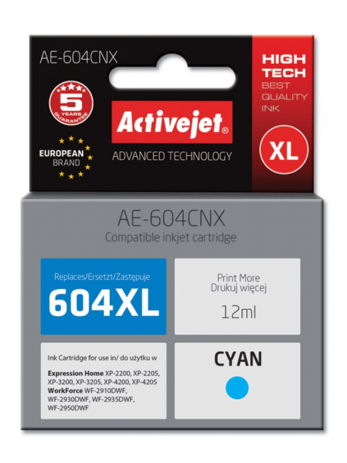 Activejet AE-604CNX Ink Cartridge (replacement for Epson 604XL C13T10H24010; Supreme; yield of 350 pages; 12 ml; cyan)