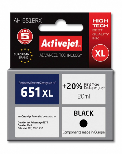 Activejet AH-651BRX Ink (replacement for HP 651 C2P10AE; Premium; 20 ml; black)