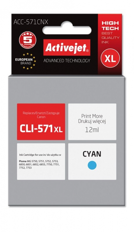 Activejet ACC-571CNX Ink cartridge (replacement for Canon CLI-571XLC; Supreme; 12 ml; cyan)