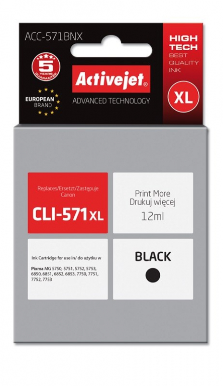 Activejet ACC-571BNX Ink cartridge (replacement for Canon CLI-571XLBk; Supreme; 12 ml; black)