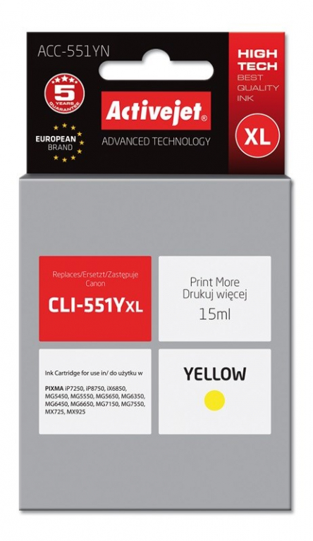 Activejet ACC-551YN Ink cartridge (replacement for Canon CLI-551Y; Supreme; 15 ml; yellow)
