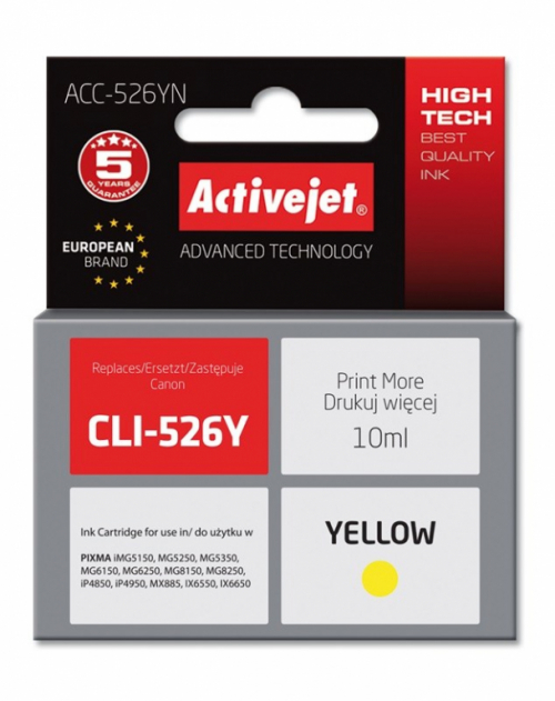Activejet ACC-526YN Ink cartridge (replacement for Canon CLI-526Y; Supreme; 10 ml; yellow)