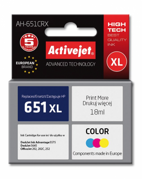 Activejet AH-651CRX ink (replacement for HP 651 C2P11AE; Premium; 18 ml; color)
