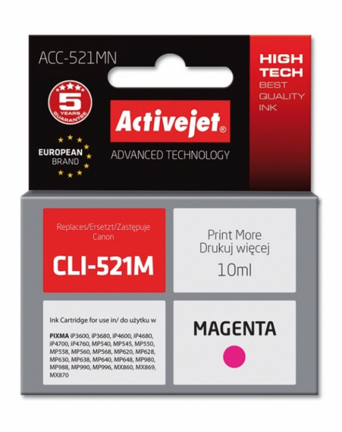 Activejet ACC-521MN Ink cartridge (replacement for Canon CLI-521M; Supreme; 10 ml; magenta)