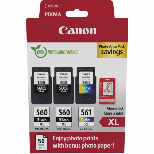 Canon Tinte PG-560XL/CL-561XL 3712C012 3er Multipack (2xBK/Color) inkl. Fotopapier