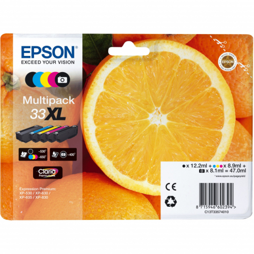 Epson Tinte 33XL C13T33574011 5er Multipack (BKMCY/Schwarz Foto) bis zu 650 Seiten