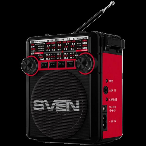 Speaker SVEN SRP-355, red (3W, FM/AM/SW, USB, SD/microSD, flashlight, battery)
