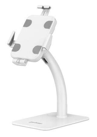 Manhattan Desktop Kiosk Stand (Anti theft) for Tablet and iPad, Universal, 360° Rotation, Tilt +20° to -110°, White, Lockable, Countertop Holder for 7.9