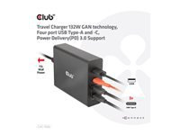 CLUB 3D TRAVEL CHARGER 132W GAN TECHNOLOGY FOUR PORT USB TYPE-A AND -C POWER DELIVERY PD 3.0 SUPPORT