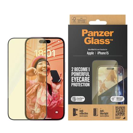 PanzerGlass | Screen protector | Apple | iPhone 15 | Glass | Clear | Ultra-Wide Fit; Easy installation; Fingerprint resistant; Anti-blue light; Anti-reflective; Anti-yellowing | Eyecare 2813