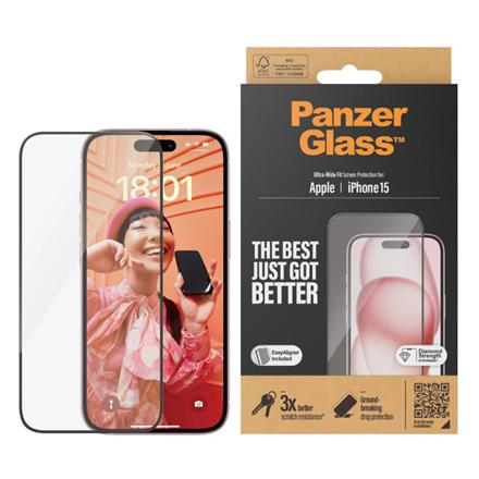 PanzerGlass | Screen protector | Apple | iPhone 15 | Glass | Clear | Easy installation; Fingerprint resistant; Anti-yellowing | Ultra-Wide Fit 2809
