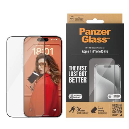 PanzerGlass | Screen protector | Apple | iPhone 15 Pro | Glass | Clear | Easy installation; Fingerprint resistant; Anti-yellowing | Ultra-Wide Fit 2810
