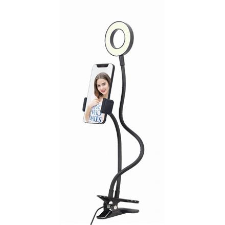 Gembird Selfie ring light with phone holder | Gembird | Selfie ring light with phone holder | LED-RING4-PH-01 | ABS + metal | LED ring diameter: 3.5''. Flexible arms for both phone holder & selfie ring. Practical buttons to change light intensity, color