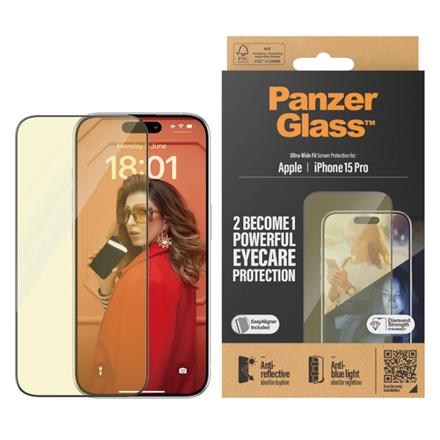 PanzerGlass | Screen protector | Apple | iPhone 15 Pro | Glass | Clear | Ultra-Wide Fit; Easy installation; Fingerprint resistant; Anti-blue light; Anti-reflective; Anti-yellowing | Eyecare 2814